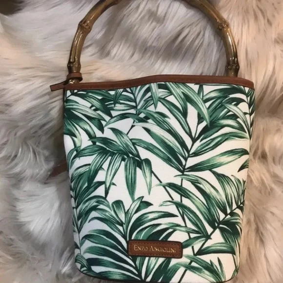 Green Leaf Print Bucket Tote Bag Bamboo Leather - Picture 2 of 8